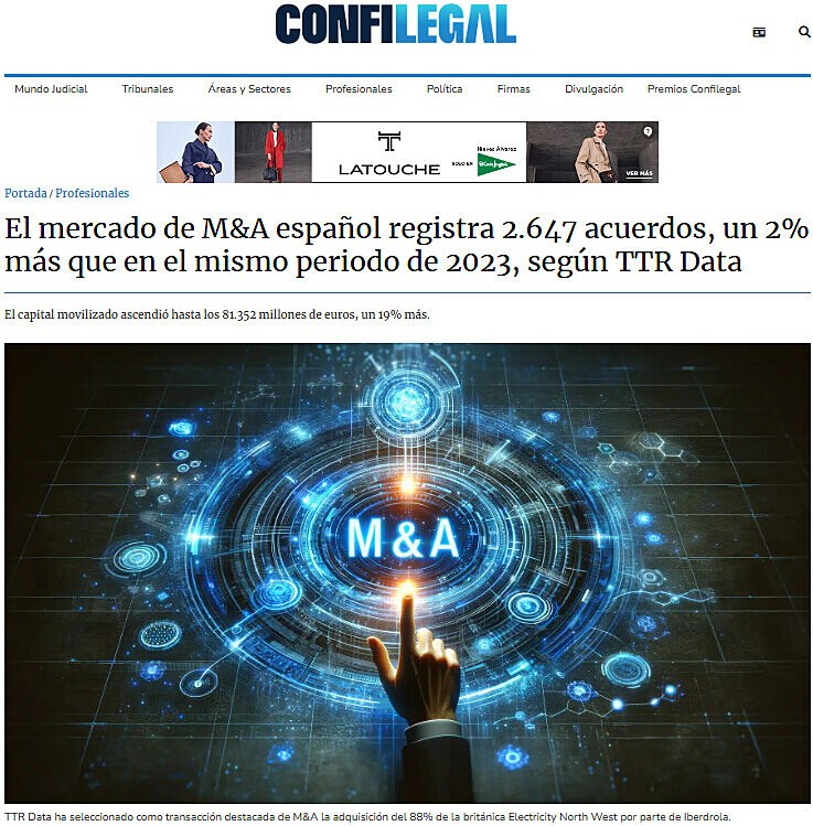 El mercado de M&A espaol registra 2.647 acuerdos, un 2% ms que en el mismo periodo de 2023, segn TTR Data